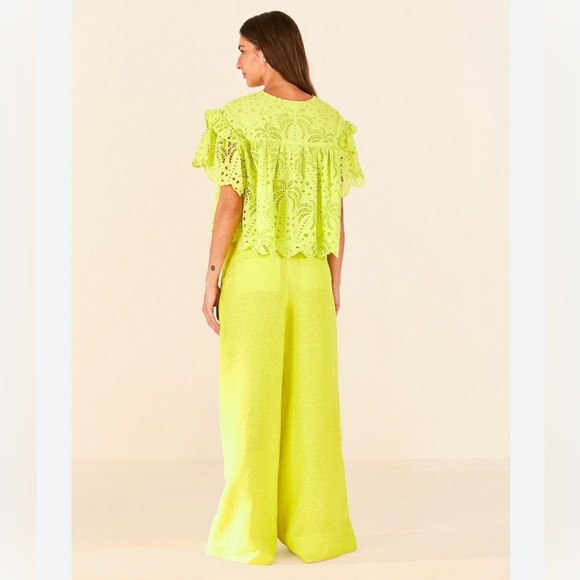 Set of Farm Rio Palm Tree Richilier Blouse & Linen Wide Leg Pants - Medi… - Picture 2 of 16